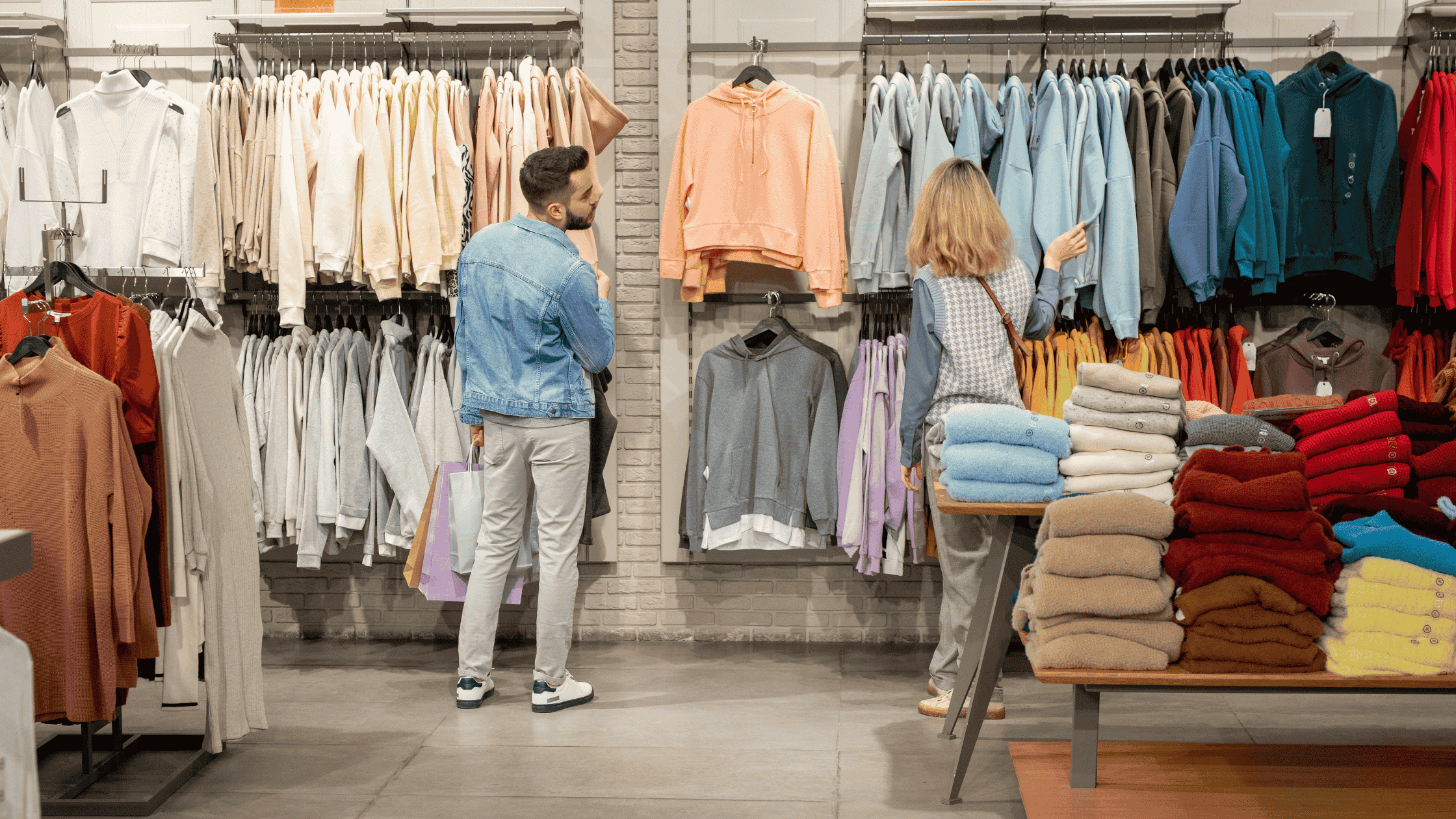 Um homem e uma mulher observam roupas penduradas em uma loja. O ambiente é bem organizado, com peças separadas por cores e tipos, incluindo blusas e moletons, além de mesas com roupas dobradas.