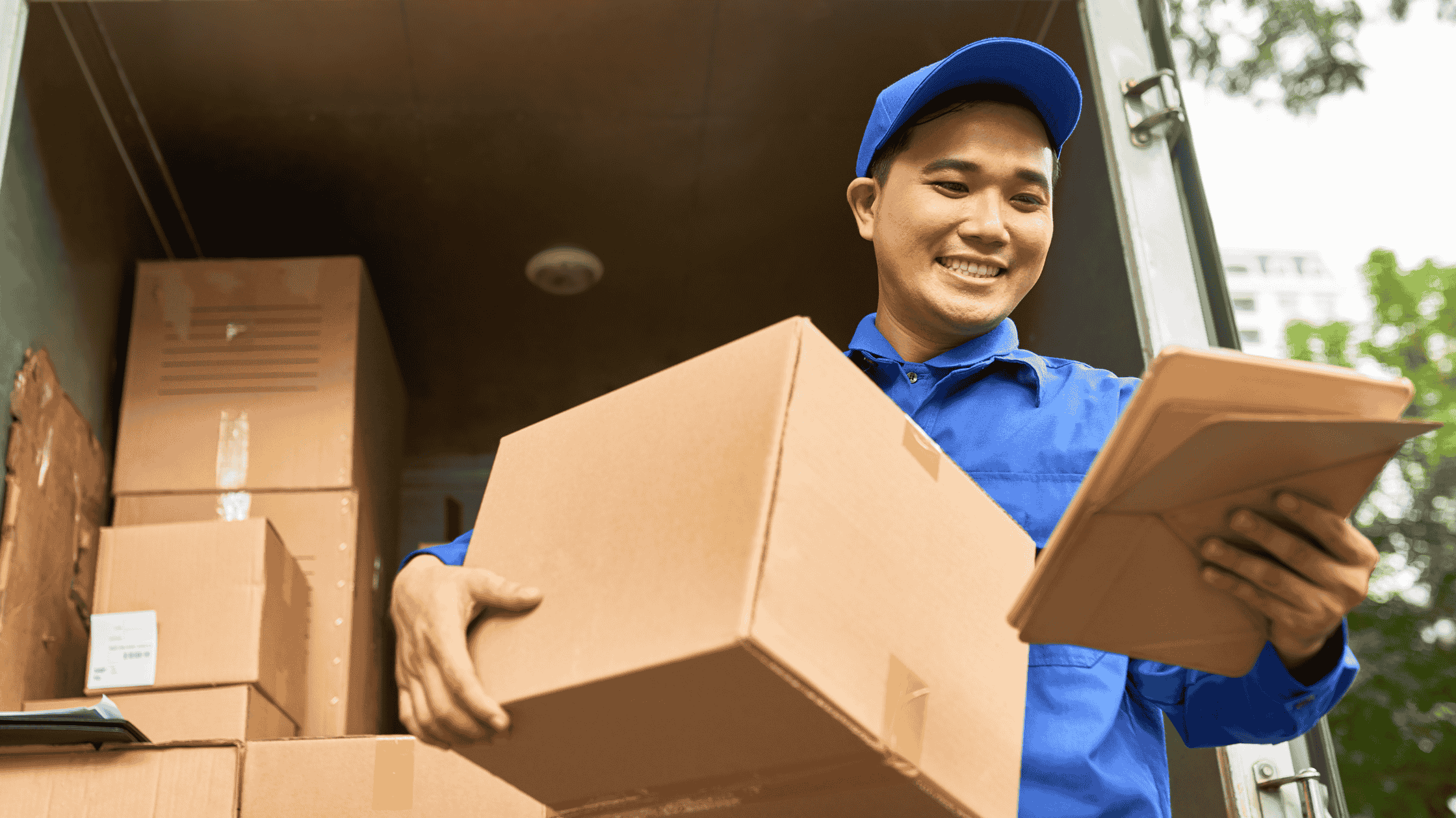 Homem vestido de azul segurando uma caixa