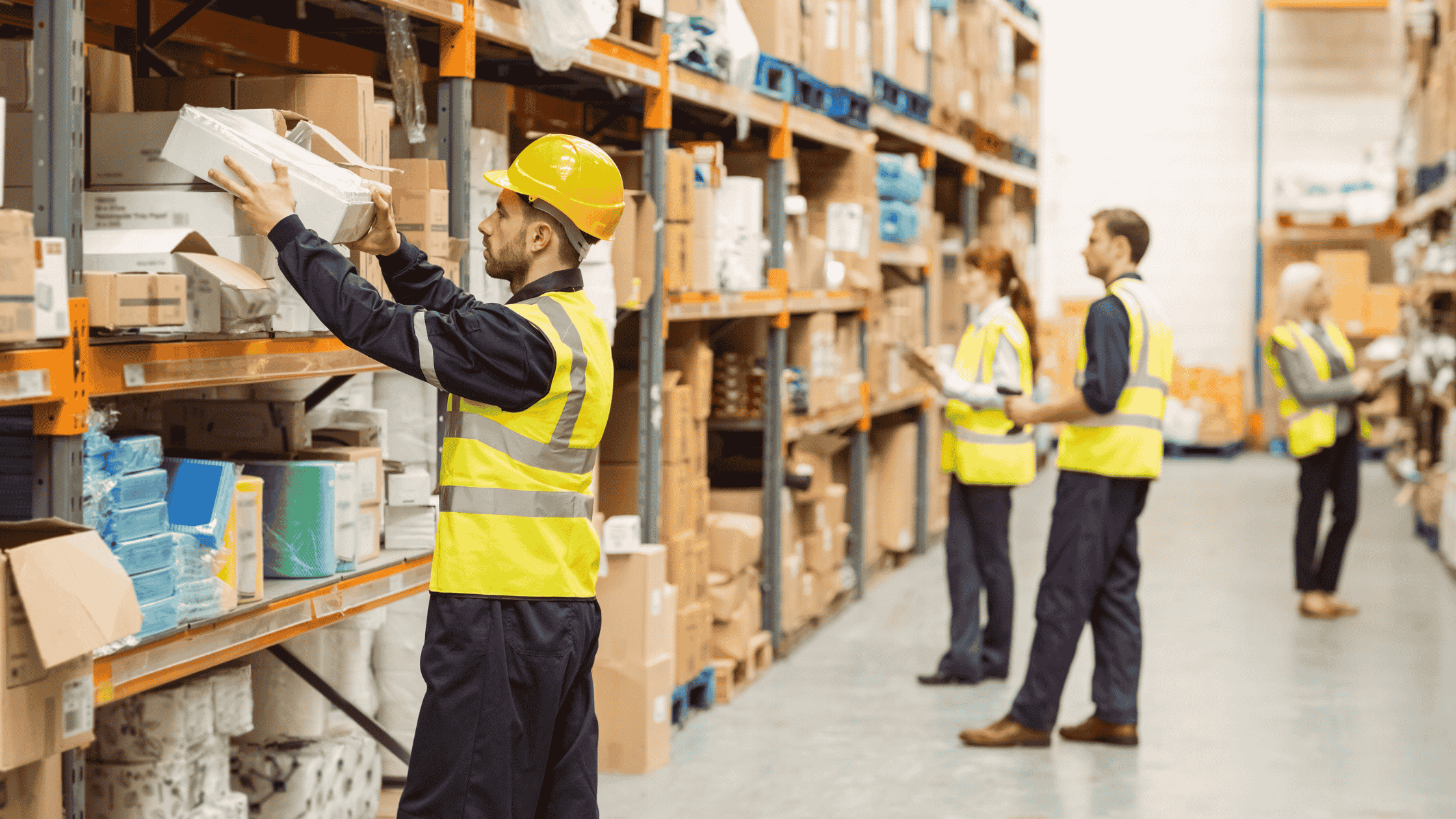 funcionários organizando o estoque no galpão de logística