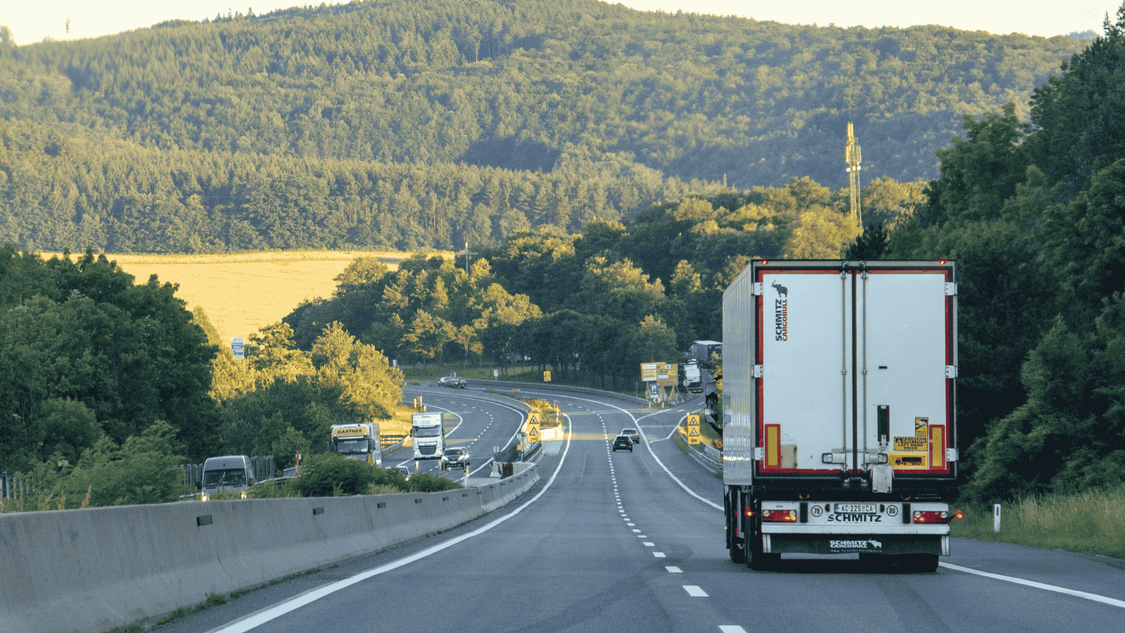 caminhão na estrada com fundo verde de floresta ao fundo