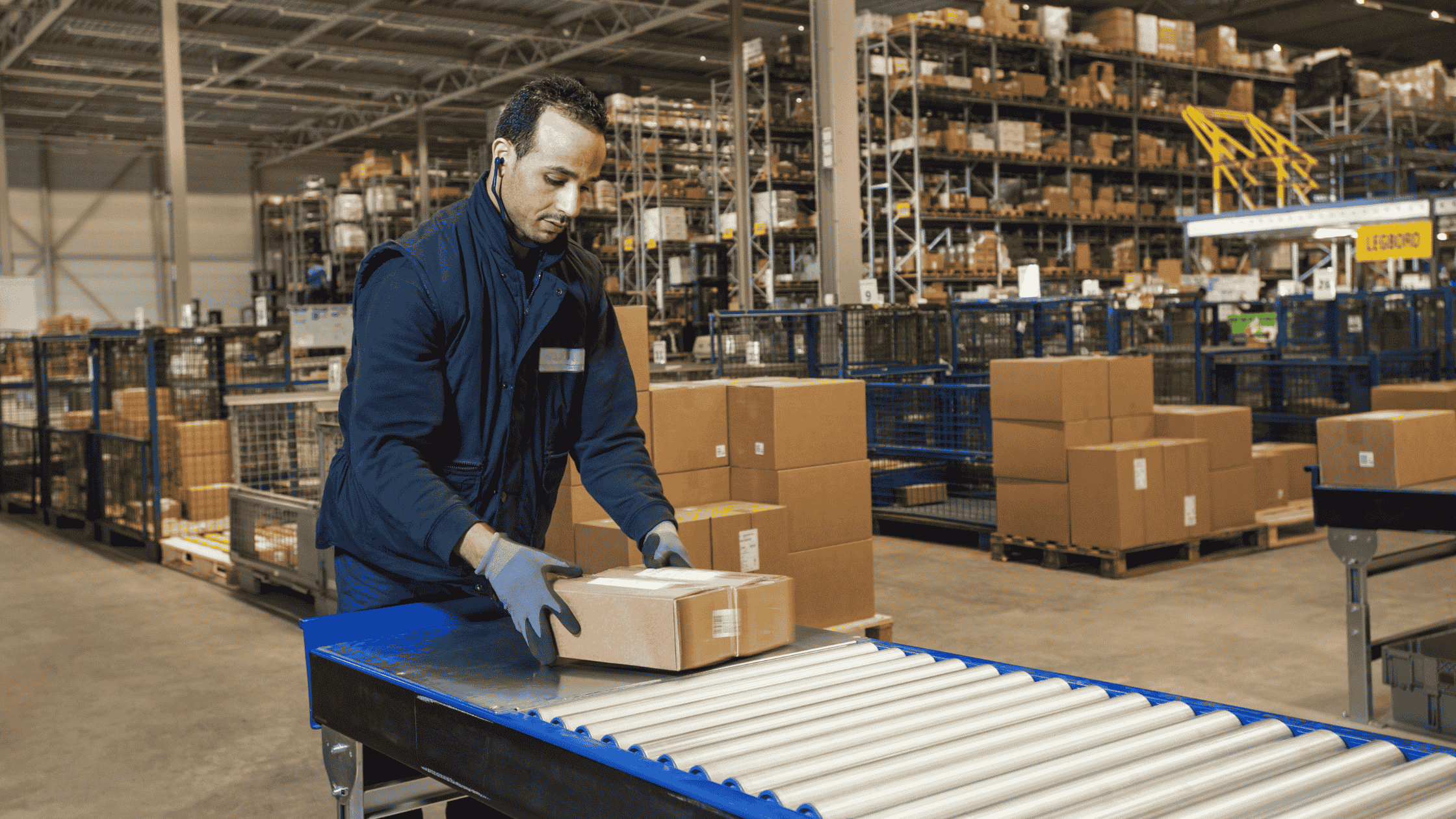 homem colocando uma caixa numa esteira dentro do centro de logística
