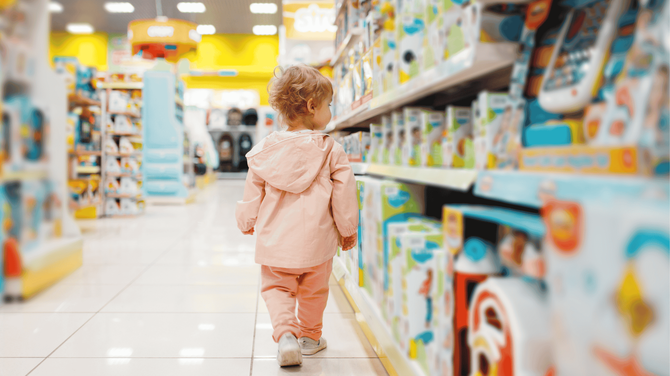 Criança caminhando em uma loja de brinquedos