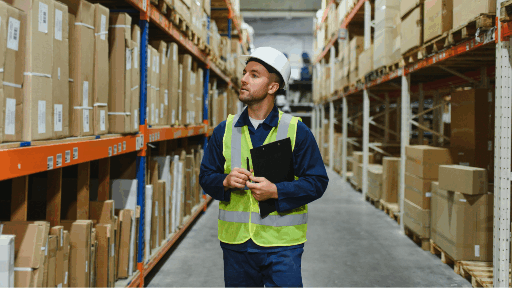 funcionário no centro de um corredor do centro logístico