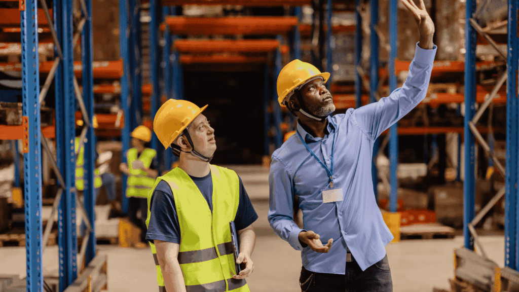 Duas pessoas dentro do galpao olhando os produtos armazenados